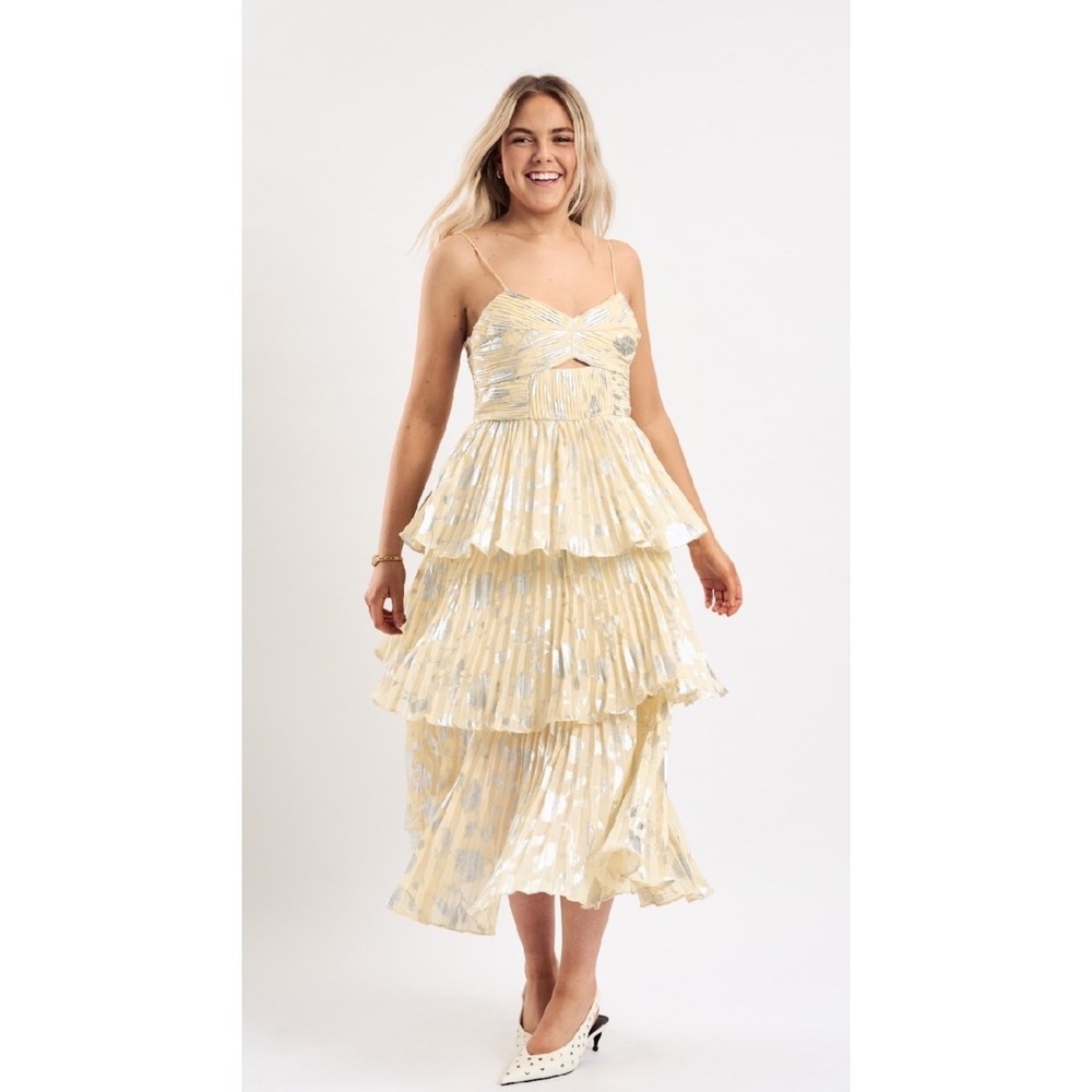 Self-Portrait Metallic Jacquard Midi Buttercream and Silver‎ Dress US 10